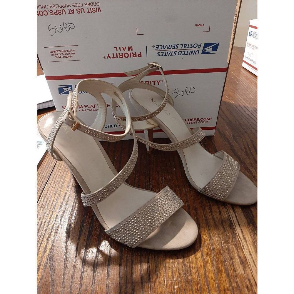 7.5 Aldo Tan Studded Embellished Open Toe Strappy High Heel Dress Shoes Stiletto